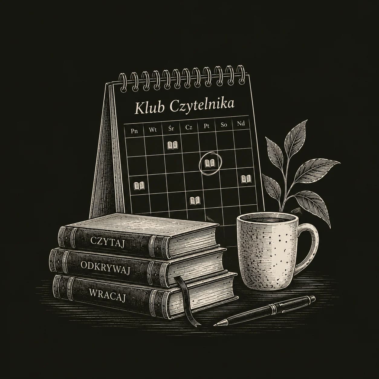 Von Seite zu Seite — ein Bücherstapel, ein Lesekalender und eine Tasse Kaffee